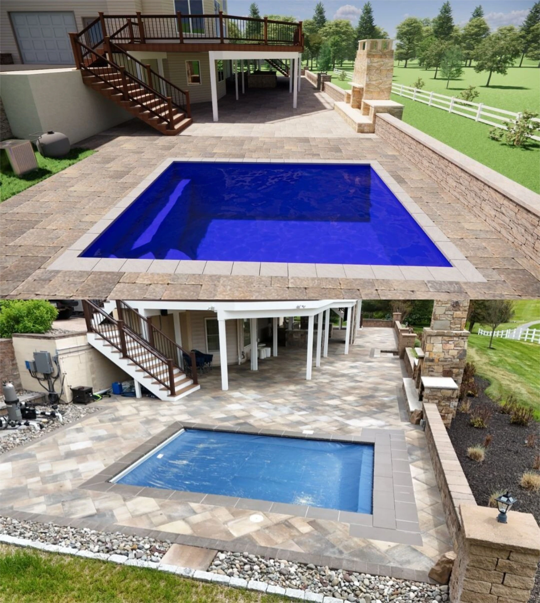 3d design of elevated deck with wooden railing and a pool