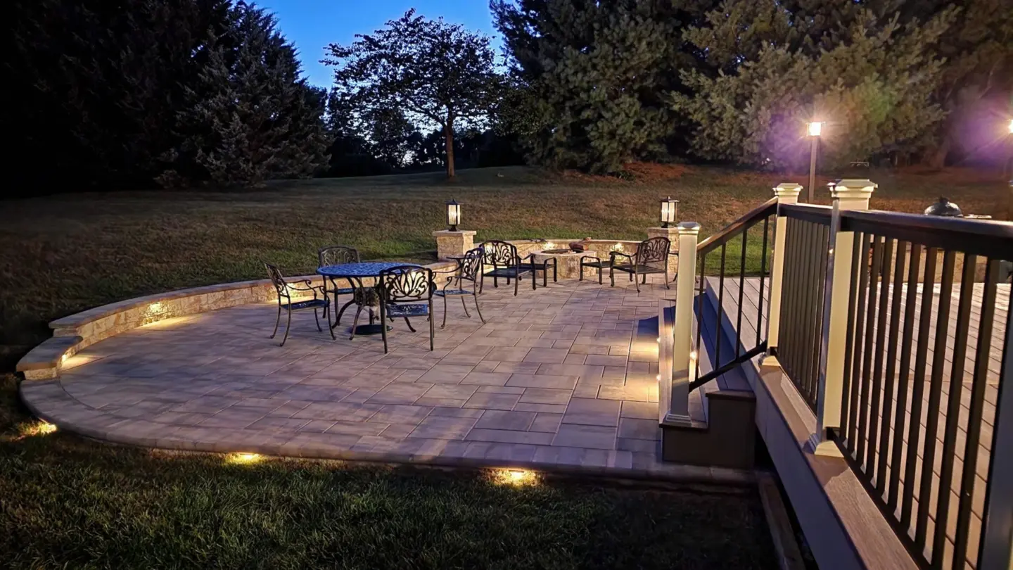 Custom Paver Patio with Firepit and Marble Bar with Wood Storage and deck scaled