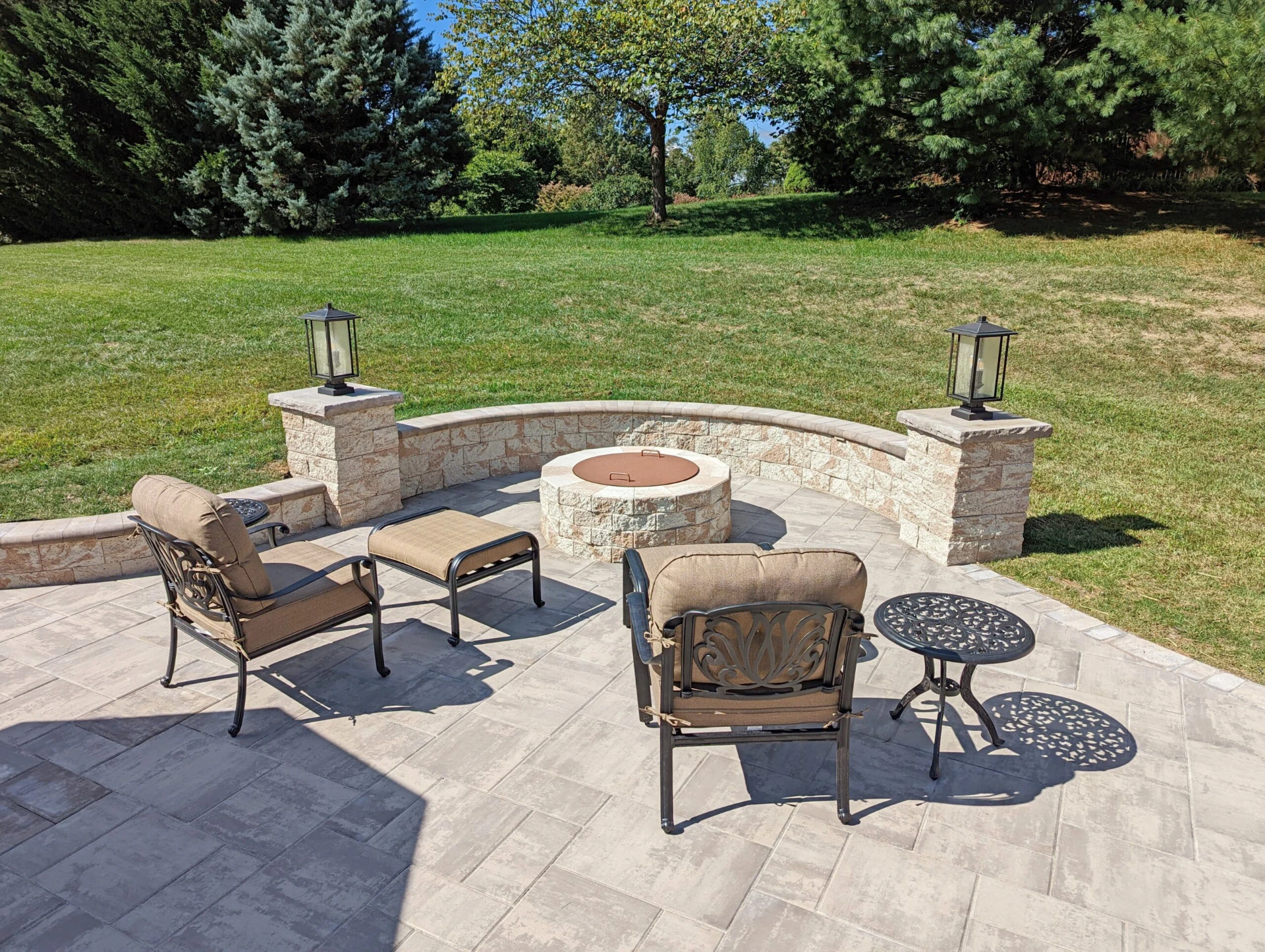 Paver Patio with Lighting Sitting Wall and Firepit scaled