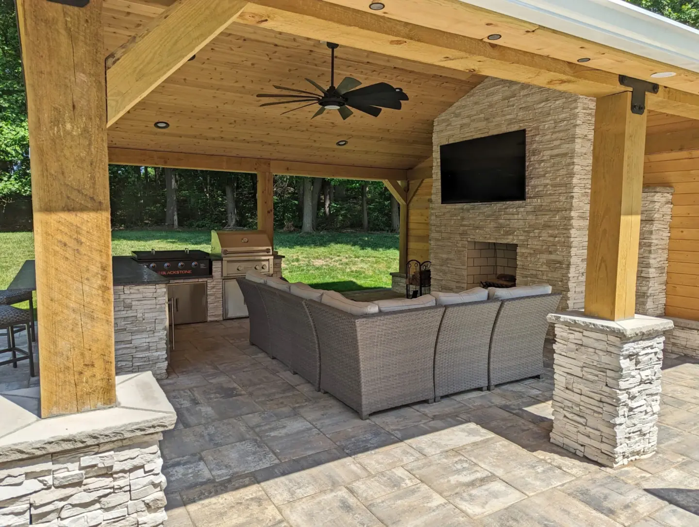 Pavilion Patio Eldorado Stacked Stone Fireplace Fan Recessed Lights scaled