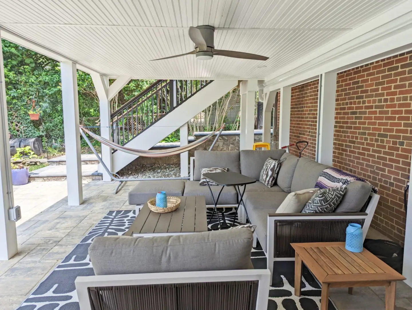 Under deck space with bead board ceiling recessed lighting and Fan 1 scaled