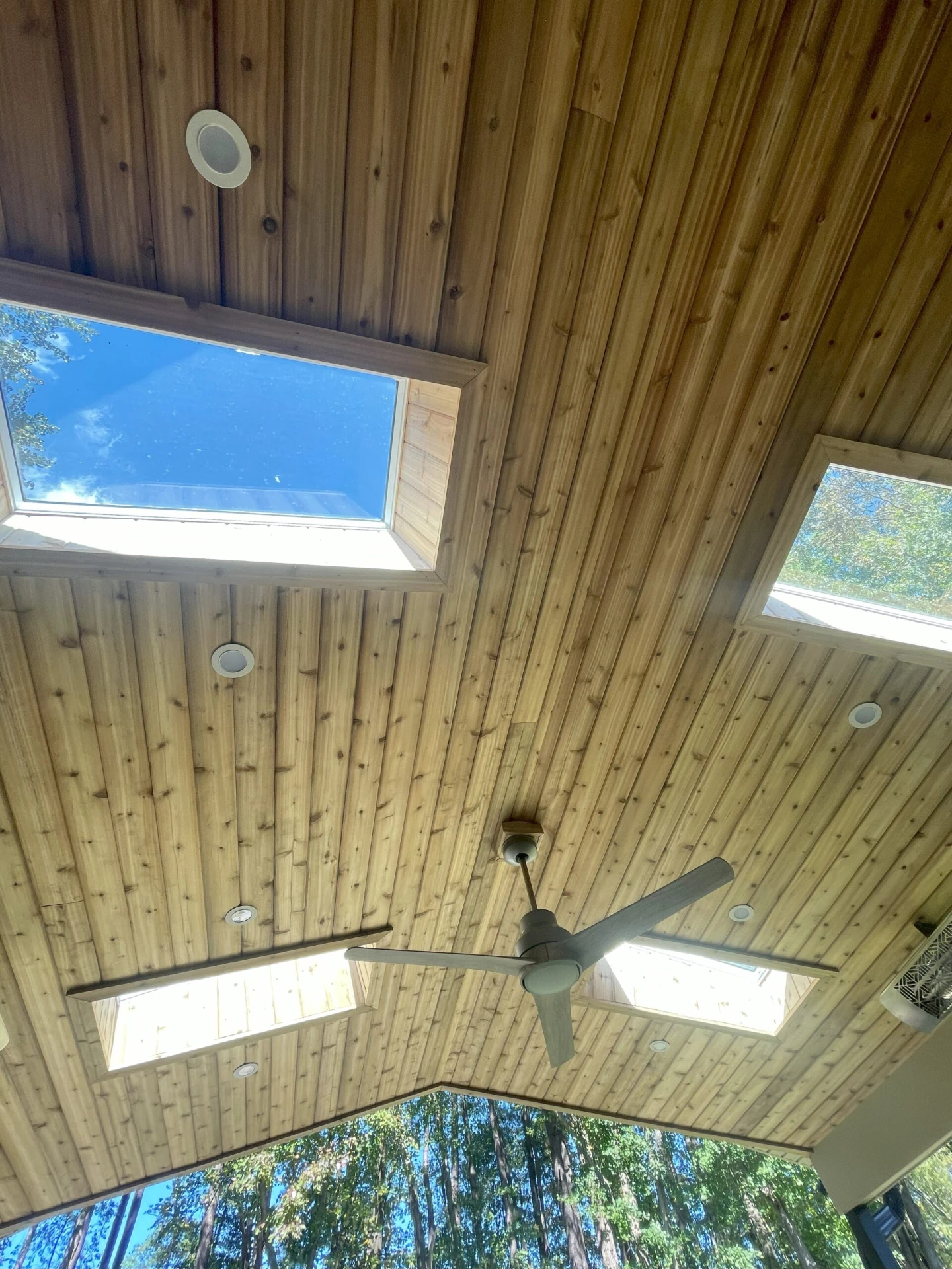Deck with lighting and exhaust fan with overlooking forest view on the outside