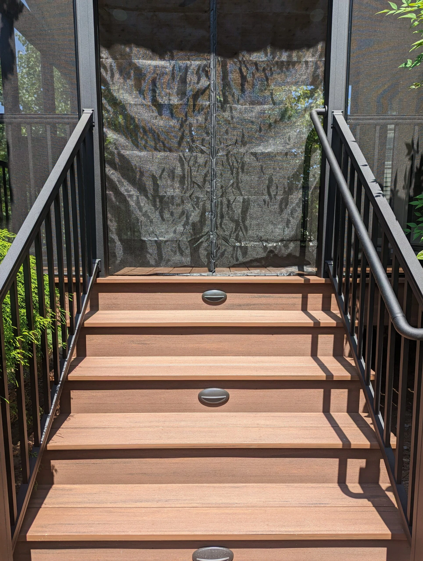 Mahogany deck with keylink grasp black deck rail and riser lights