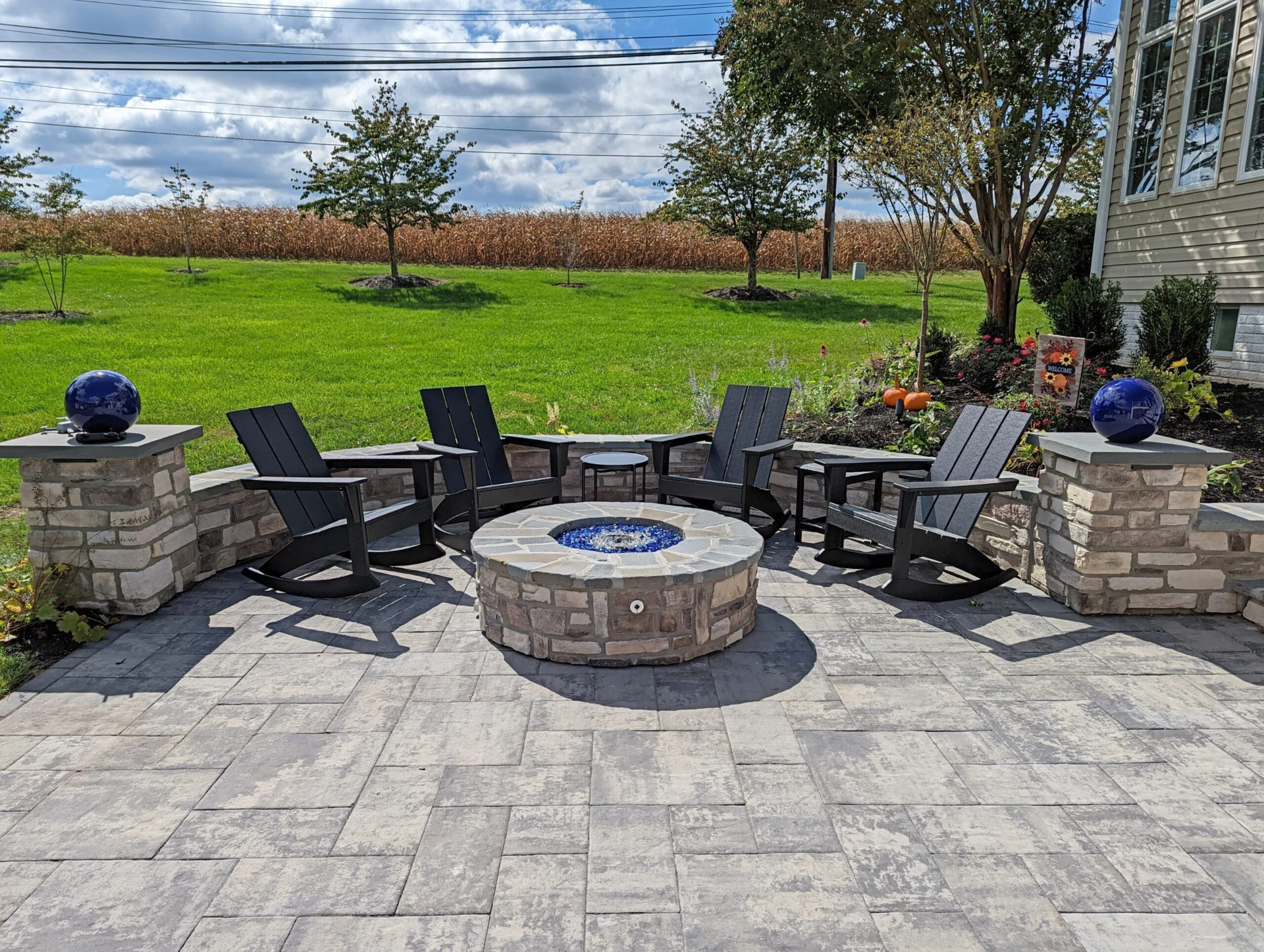 Perspective view of the paver patio with firepit