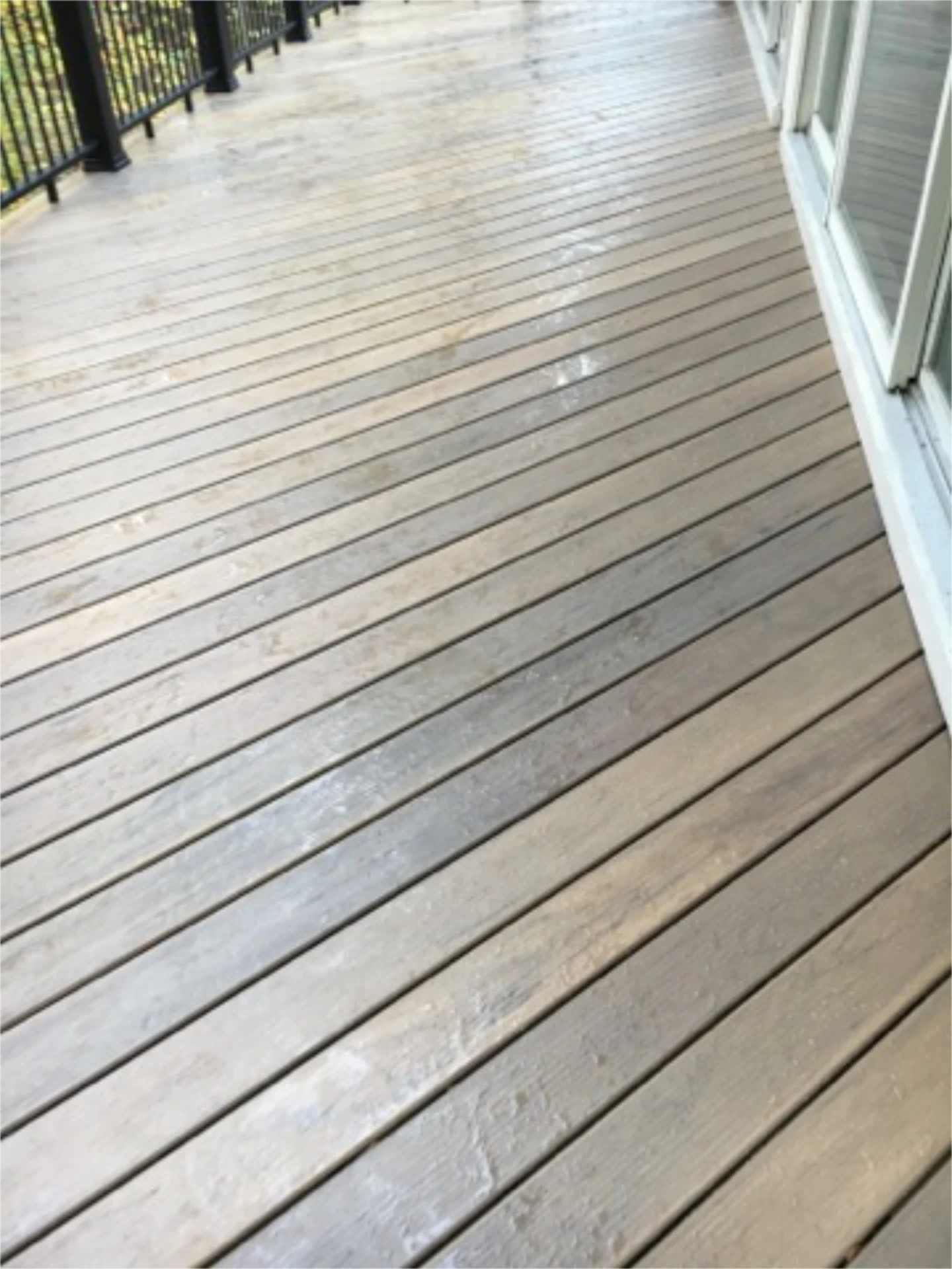 Wet wood decking with black railing beside